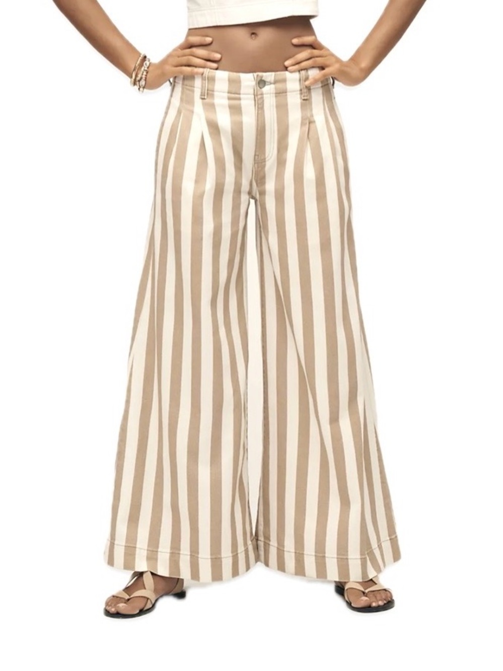 Anthropologie Maeve The Colette High Rise Wide Leg Striped Pants 27 Khaki Cream